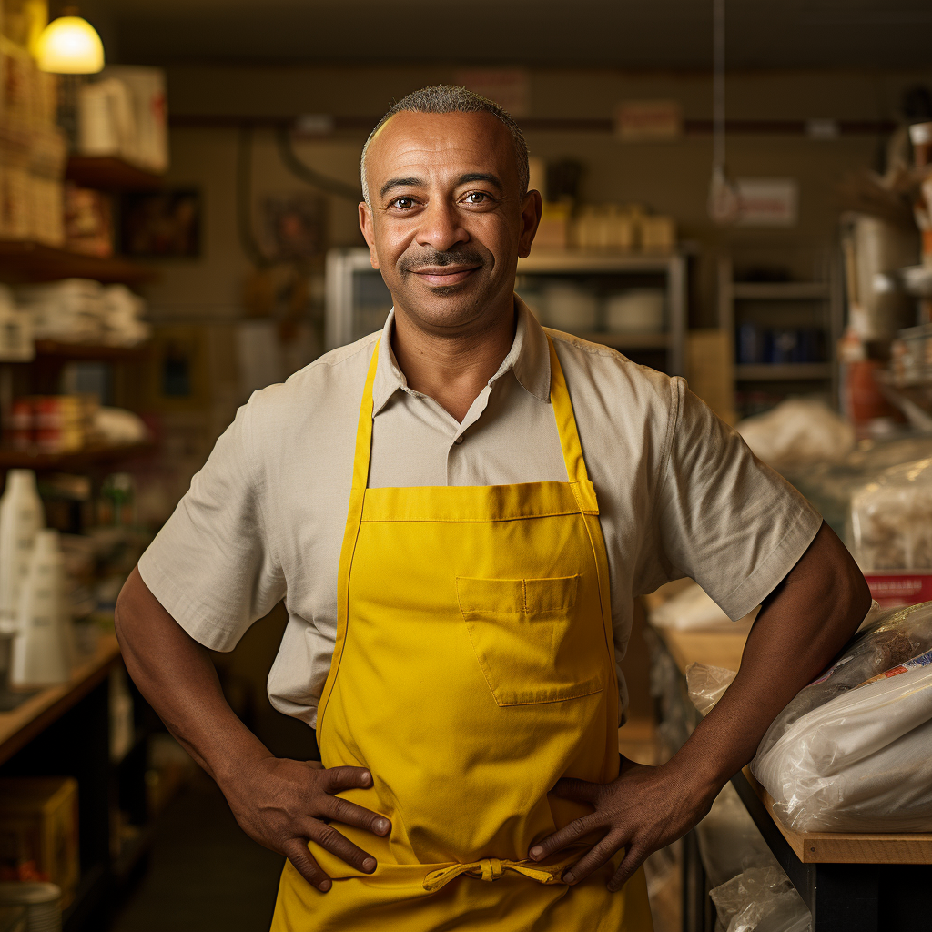 señor feliz con delantal amarillo en una tienda de barrio