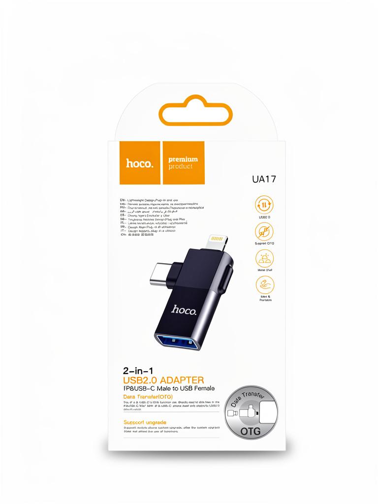 ADAPTADOR DE LIGHTNING Y TIPO C MACHO A USB HEMBRA MARCA HOCO COLOR NEGRO UA17
