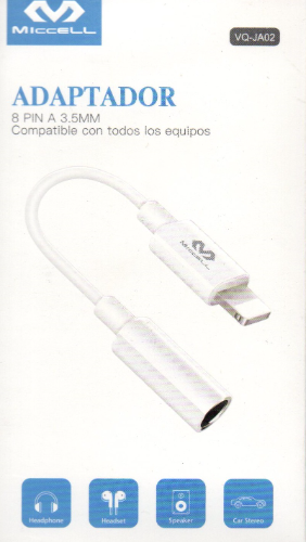 ADAPTADOR AUDIO  MICCELL VQ-JA02 8 PIN IPHONE  A 3.5MM