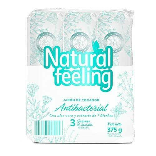 3 pack de jabones de baño antibacterial  Natural feeling limpieza delicada peso neto 375 gr