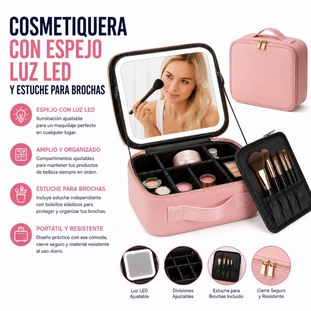 Cosmetiquera con espejo y luz led + estuche para brochas