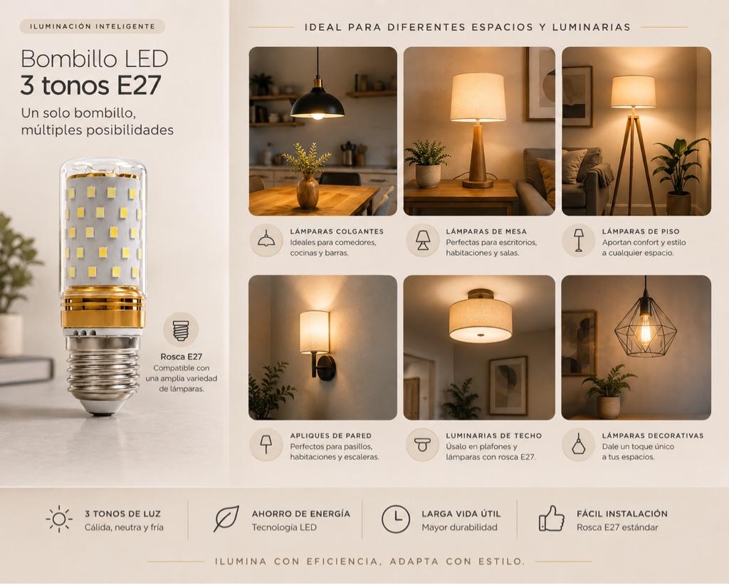 Miniatura 2 de Bombillo LED 12W 3CCT rosca E27