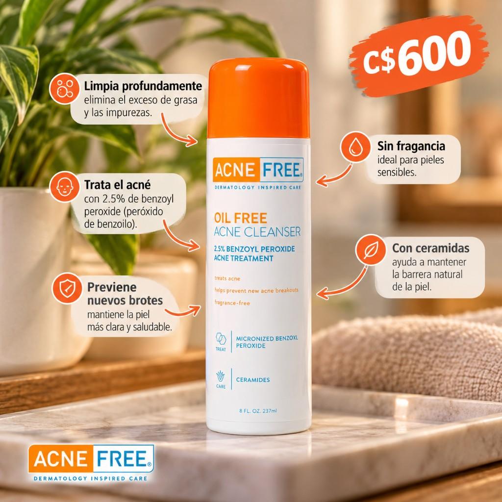 AcneFree Limpiador sin aceite sin acné, peróxido de benzoilo al 2.5% con ácido glicólico para prevenir y tratar brotes sin perfume, 8 onzas líquidas