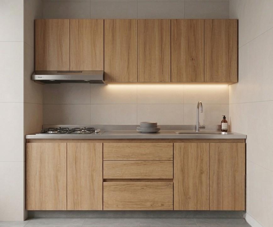 Cocina integral de 1.80 con mesón en acero haced con estufa y lavaplatos