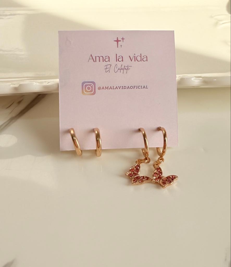 2 pares Ama la vida aros dorados mariposa