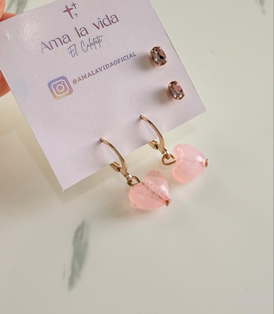 2 pares -Aros dorados corazones rosa Anna la vida