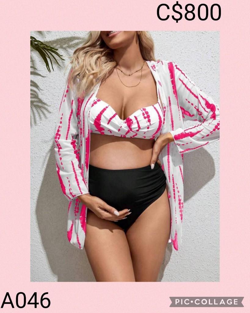 A046 traje de baño de tres piezas color rosa y negro