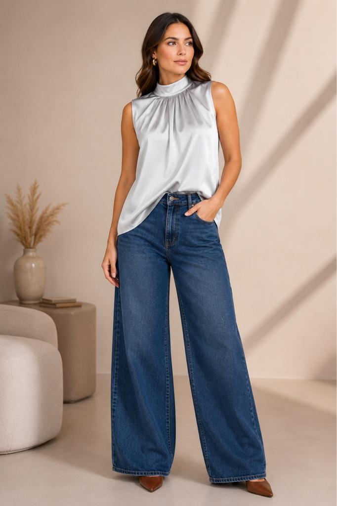 BLUSA SEDA CUELLO ALTO SIN MANGA PLATA