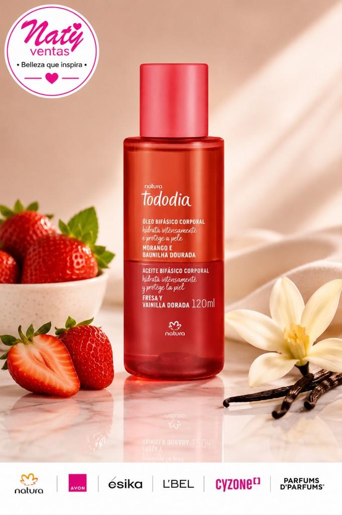 Aceite Bifásico Corporal Natura Tododia Fresa y Vainilla Dorada, 120 ml