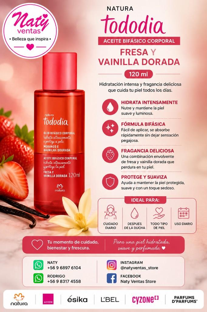 Miniatura 2 de Aceite Bifásico Corporal Natura Tododia Fresa y Vainilla Dorada, 120 ml