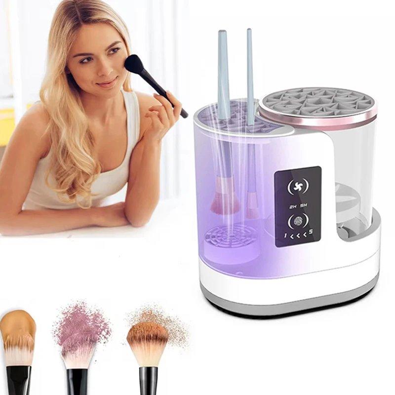 Máquina Limpiadora de Brochas de Maquillaje Eléctrica Portátil 3 en 1 con Secador y Soporte, Herramienta Automática USB
