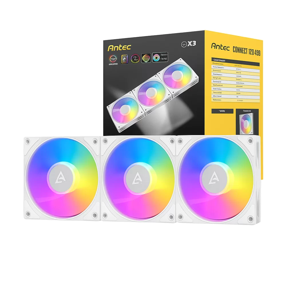 ABANICO ANTEC C120 ARGB BLANCO. ESTE PAQUETE INCLUYE TRES ABANICOS ARGB DE 120MM. ILUMINACIÓN ARGB PERSONALIZABLE Y SINCRONIZABLE CON PLACA BASE,107919.