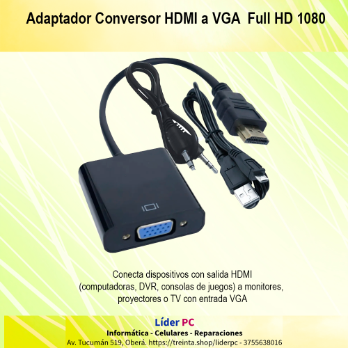 Adaptador Conversor HDMI a VGA con audio y alimentación Full HD 1080