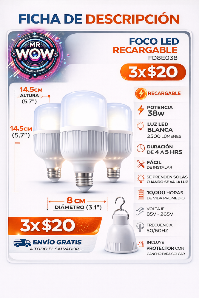 Miniatura 3 de 3 FOCO LED RECARGABLE 38W 