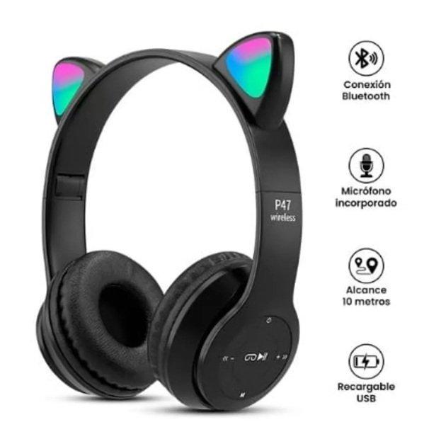 AUDÍFONO BLUETOOTH P47M GATITO - NEGRO