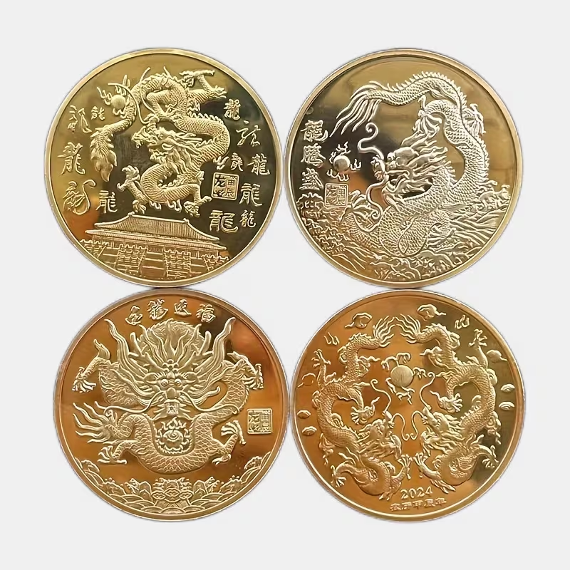 Cuatro Monedas Conmemorativas con Dragones del Feng Shui Chino