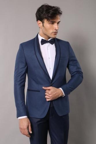 Patterned blue shawl collar