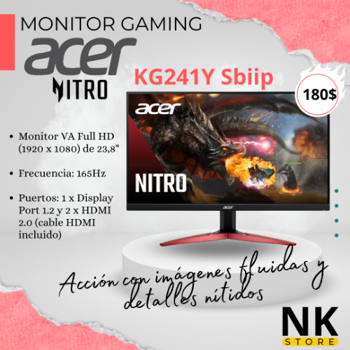 Acer Nitro KG241Y Sbiip Monitor Gaming VA Full HD de 23.8 pulgadasAMD FreeSync Premium 165 Hz, 1 ms (VRB)