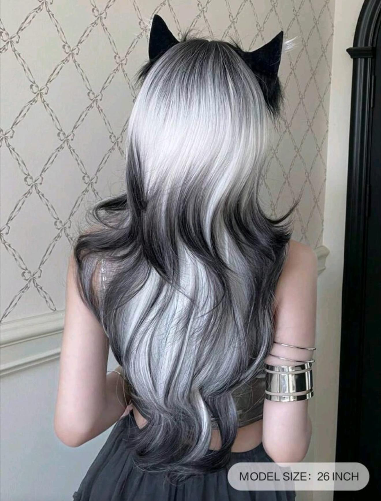 Miniatura 2 de Peluca Bicolor Negro con Rayos Gris Platino (65cm) - (001)