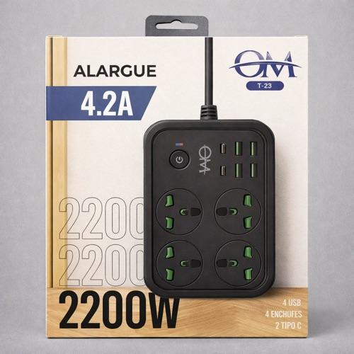 Alargue Zapatilla OM T-23 – 2200W | 4 Tomas + 4 USB