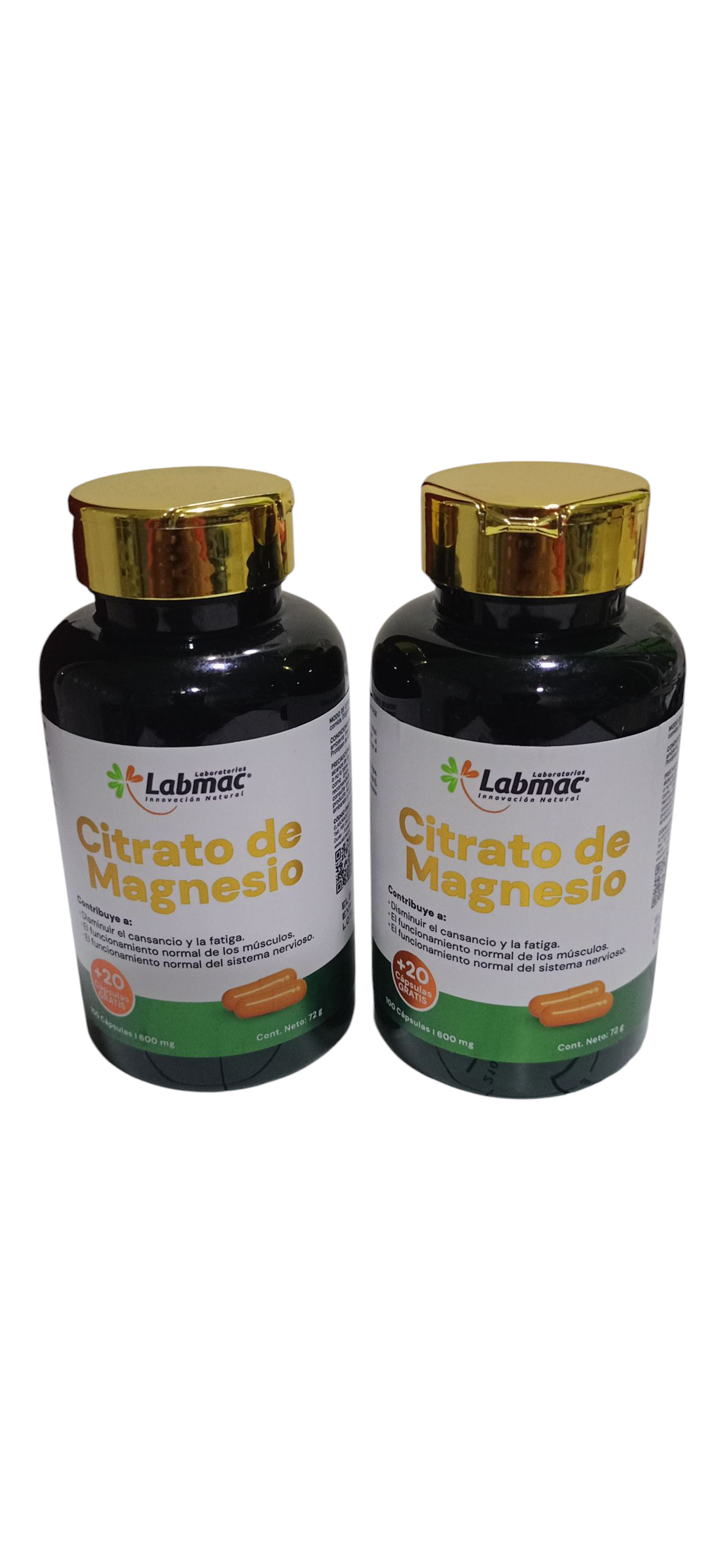 Citrato de Magnesio de Laboratorios Labmac por 2 Frascos de 120 Cápsulas de 600mg. Cada Uno.