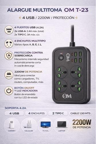 Miniatura 2 de Alargue Zapatilla OM T-23 – 2200W | 4 Tomas + 4 USB