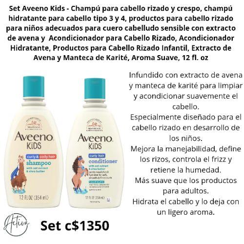 Aveeno El set de champú y acondicionador para cabello rizado Aveeno Kids (cada botella de 354 mL / 12 fl. oz.) es un producto hipoalergénico y sin lágrimas diseñado para el cabello en desarrollo de los niños
