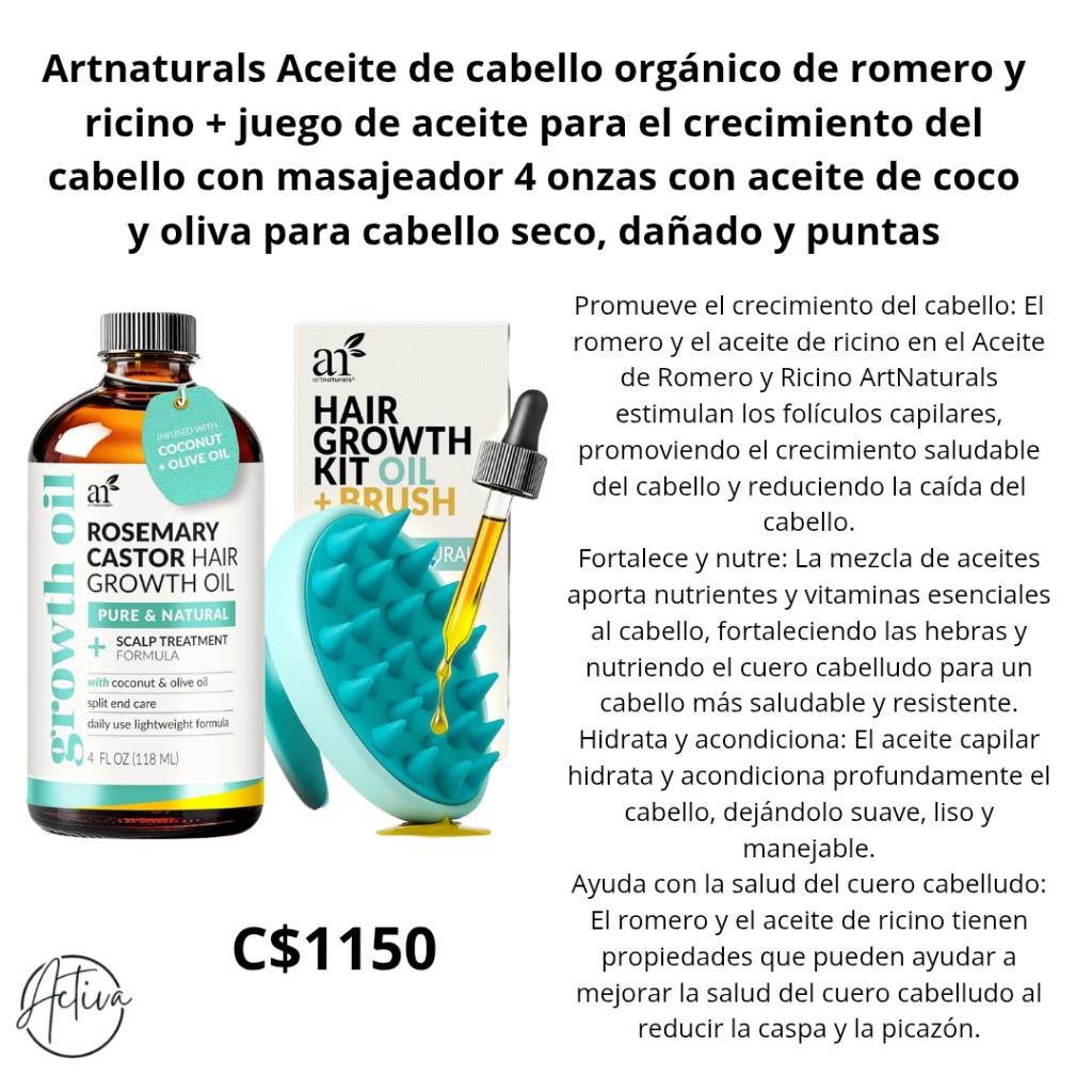 Artnaturals Aceite de cabello orgánico de romero y ricino + juego de aceite para el crecimiento del cabello con masajeador 4 onzas con aceite de coco y oliva para cabello seco, dañado y puntas