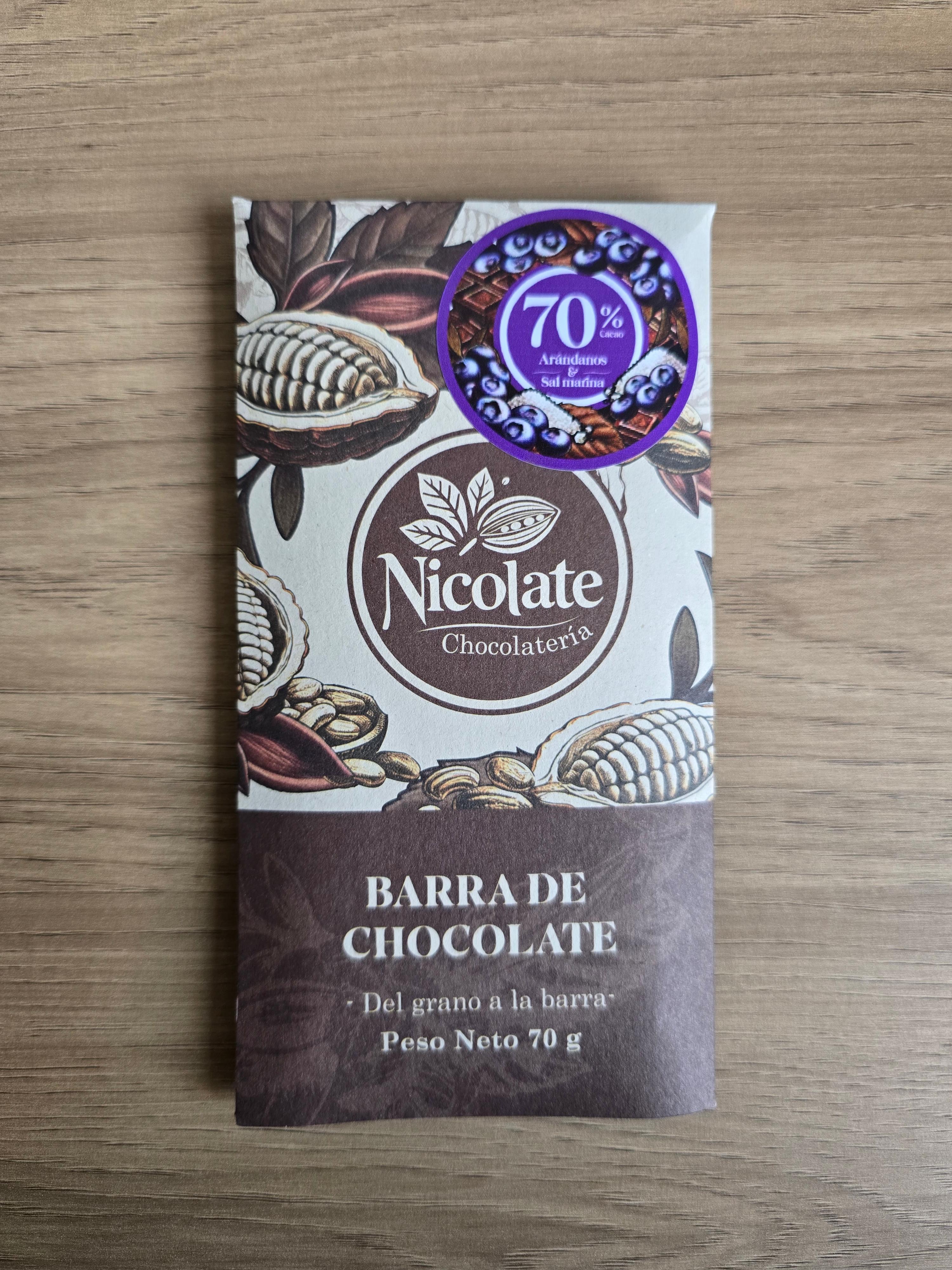 Barra de chocolate al 70% con Arándanos y sal marina