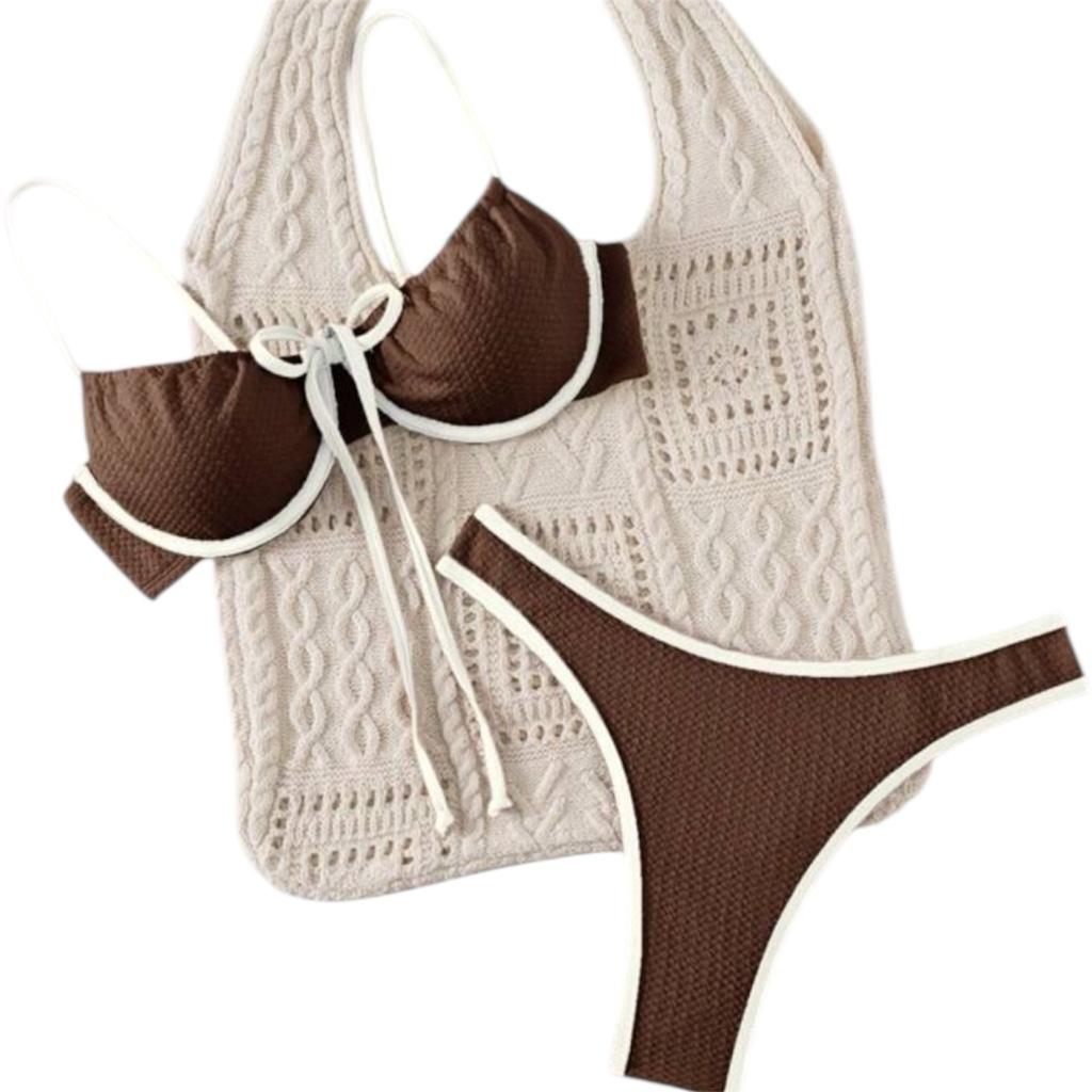 Bikini marrón con bordes blancos y ballena en talla M