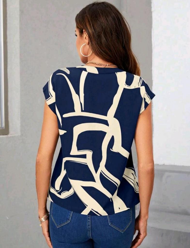 Miniatura 2 de Blusa azul con estampado blanco Shein