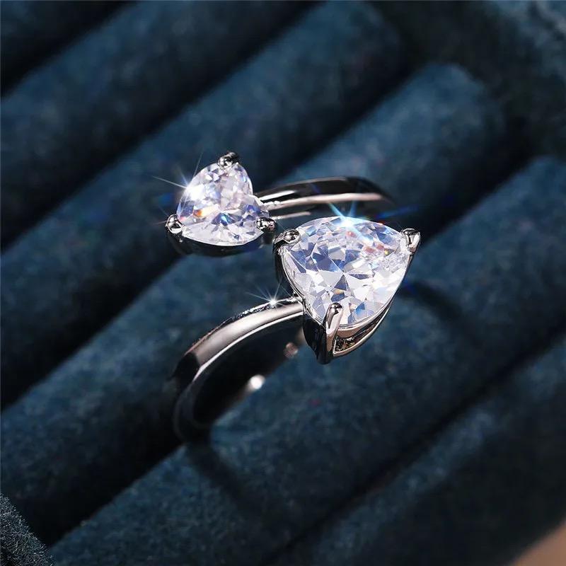 Anillo abierto 2 circonias corazón en plata