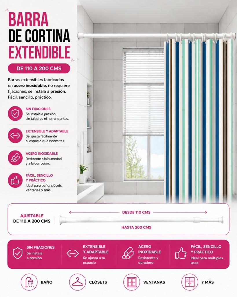 Barra de cortina extendible de 110 a 200 cms