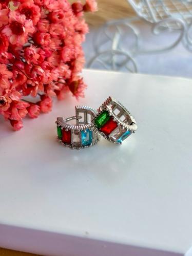 Brinco de argola com cristal colorido - bijuteria prata