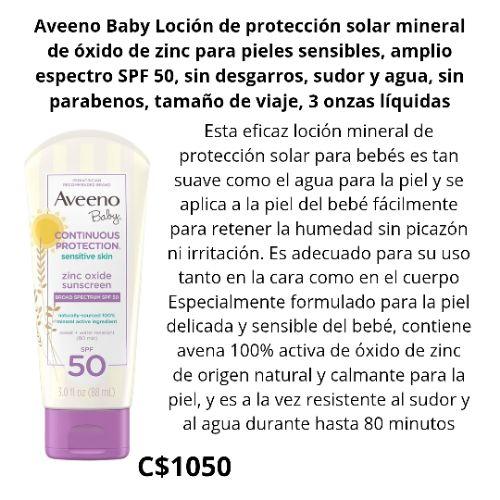 Aveeno Baby Loción de protección solar mineral de óxido de zinc para pieles sensibles, amplio espectro SPF 50, sin desgarros, sudor y agua, sin parabenos, tamaño de viaje, 3 onzas líquidas