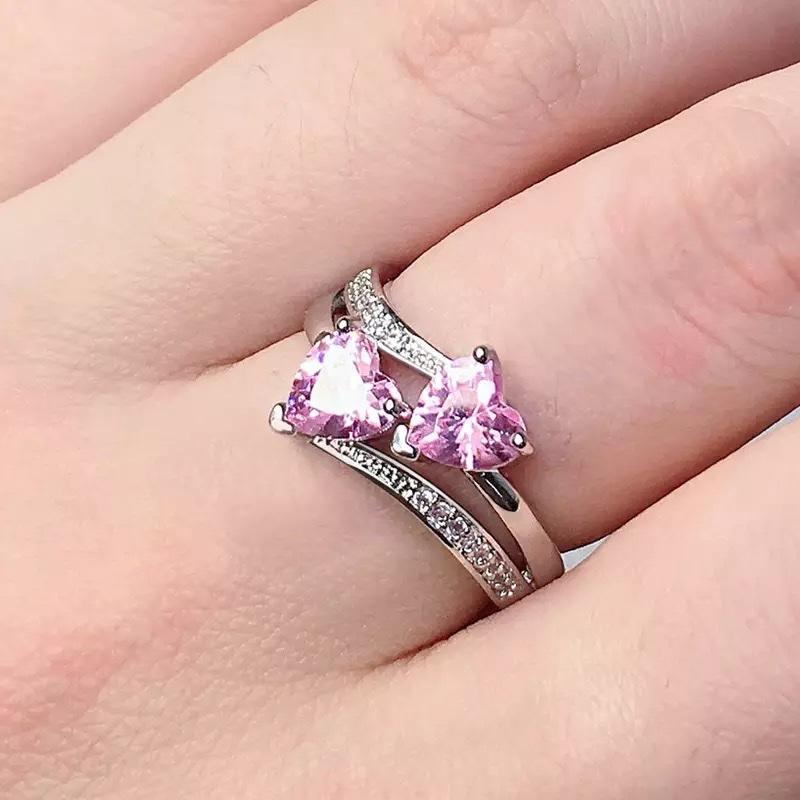 Anillo 2 circonias rosas corazón en plata