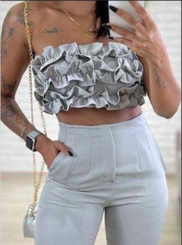 Conjunto c/ calça, cropped tomara que caia babado