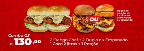 2 frango chef + 2 duplo ou empanado + coca 2 litros + 1 porção frango empanado