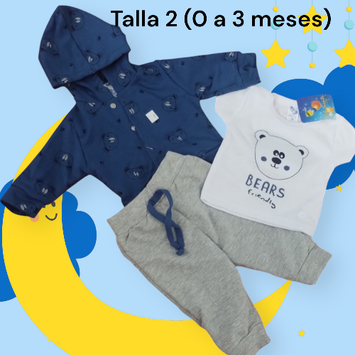 Otros - Conjunto de 3 piezas Chaqueta Estampada Ositos Talla 0 a 3 meses
