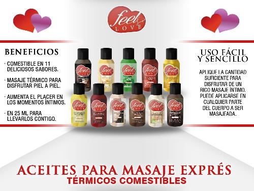 Aceites para Masaje Exprés. Térmico comestibles. Varios sabores. 1 pieza. Presentación de 25ml.