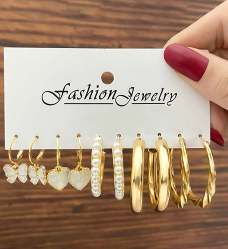 5 pares de aretes con mariposa & con diseño de perla artificial