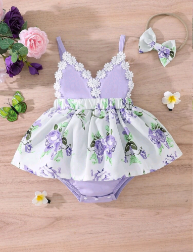 Body combinado con vestido de tirantes y aplique de encaje color lila