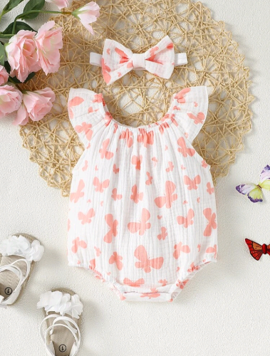 Body blanco con estampado de mariposas rosadas con lazo