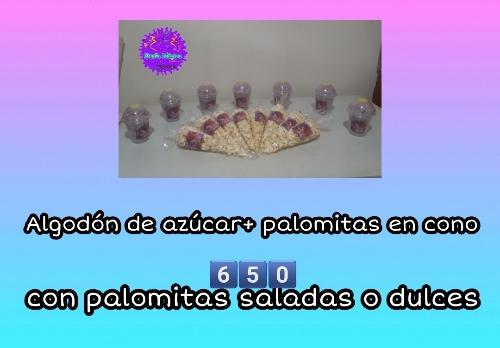 Algodón de azúcar y palomitas en cono 