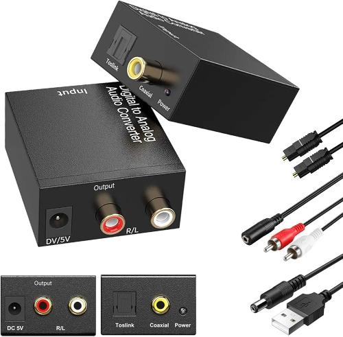 Adaptador de Convertidor de Audio Coaxial Toslink Digital a Analógico con Fibra Cable óptico, Cable de Audio de 3,5 mm y Cable de Alimentación USB