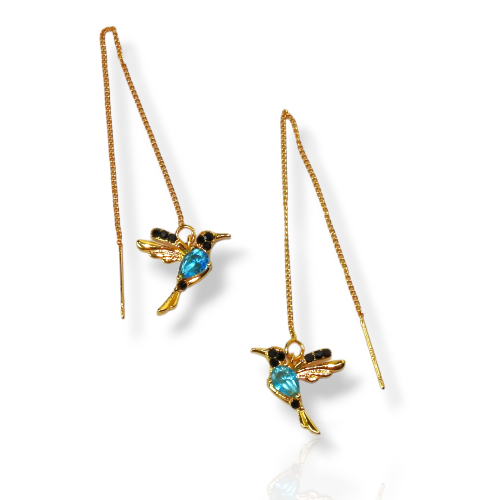 Aretes Colgantes Colibrí Oro con perla celeste 