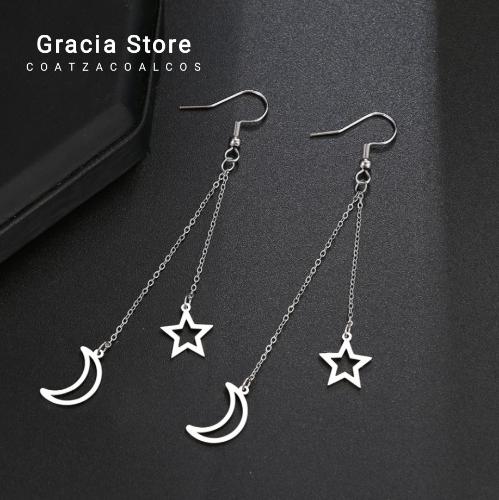 Aretes largos luna y estrella plata, acero 