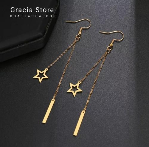 Aretes largos de estrella y vara dorados, acero