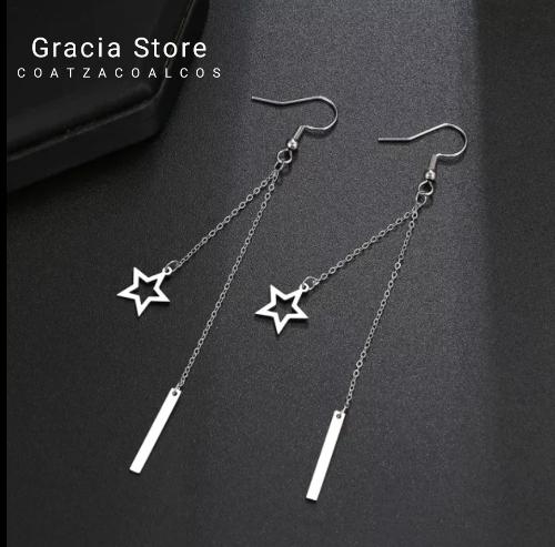Aretes largos de estrella y vara plateados, acero 