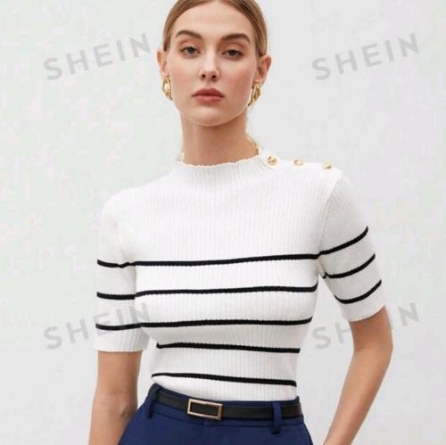 BLUSA SHEIN DE PUNTO M/C BOTONES RAYAS BLANCO /NEGRO